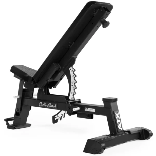 The ATX® Warrior Bench - Slim PU features a black cushioned seat and backrest, a sturdy metal frame with ATX branding on the leg, and visible angle adjustments on the side.