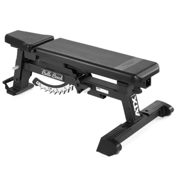 The ATX® Warrior Bench - Slim PU features a black padded surface and metal frame, offering multiple incline angles for exercises and a footrest for stability. Branding and adjustment notches are visible on the side.