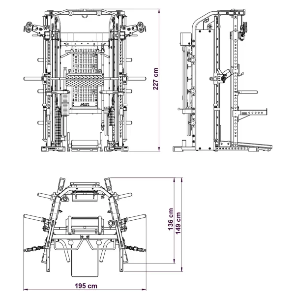 A technical drawing of the ATX® Monster 2.0 All In One Trainer shows front, side, and top views. The machine measures 227 cm in height with a base width of 195 cm and a depth of 138 cm. Various components like bars and pulleys are visible in the illustration.