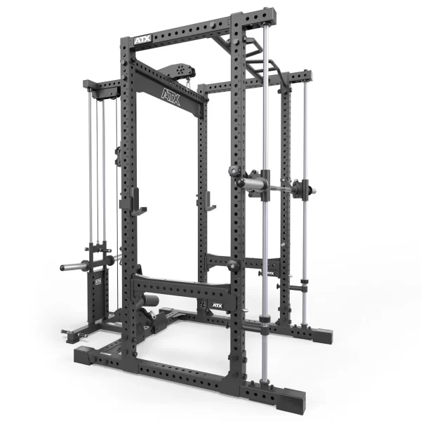 The ATX® Power Rack with Smith & Pulley System, in black metal cage style, includes barbell holders and chin-up bars. Its sturdy design is ideal for strength training exercises.