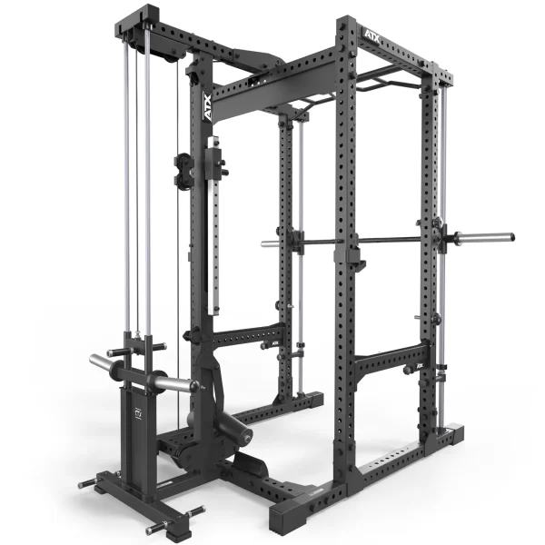 The ATX® Power Rack with Smith & Pulley System is a black, multi-functional structure featuring adjustable hooks and a pull-up bar, ideal for strength training with numerous attachment options for diverse exercises.