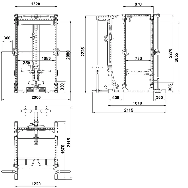 Detailed technical drawing of the ATX® Power Rack with Smith & Pulley System showcasing front and side views with dimensions in millimeters, including width, height, and depth for components like barbell supports and frame structure.
