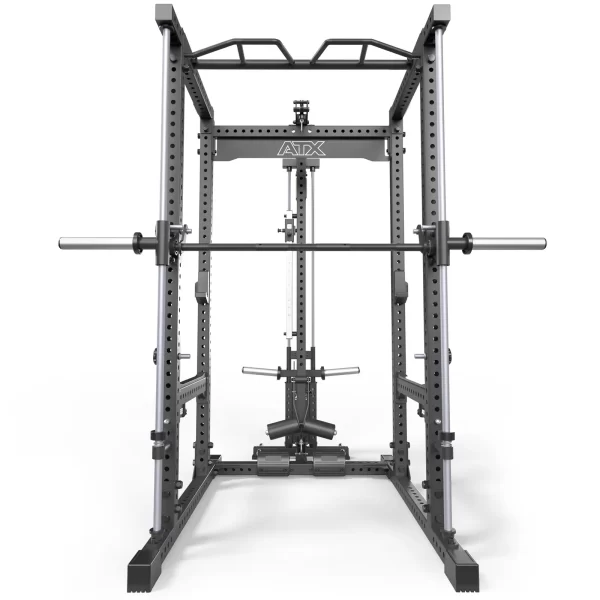 The ATX® Power Rack with Smith & Pulley System includes a barbell, adjustable weight machine, pull-up bar, safety supports, and weight stack. Its robust metallic structure is perfect for diverse strength training exercises.