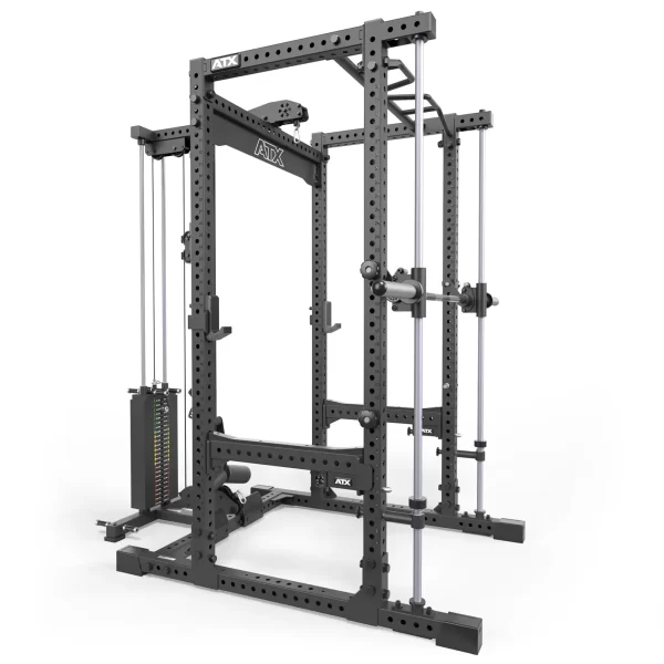 The ATX® Power Cage with Smith & Lat Pulldown offers cables, pull-up bars, and adjustable attachments. Its black frame features multiple customization holes, and the branding is visible on the upper crossbar and weight stack.