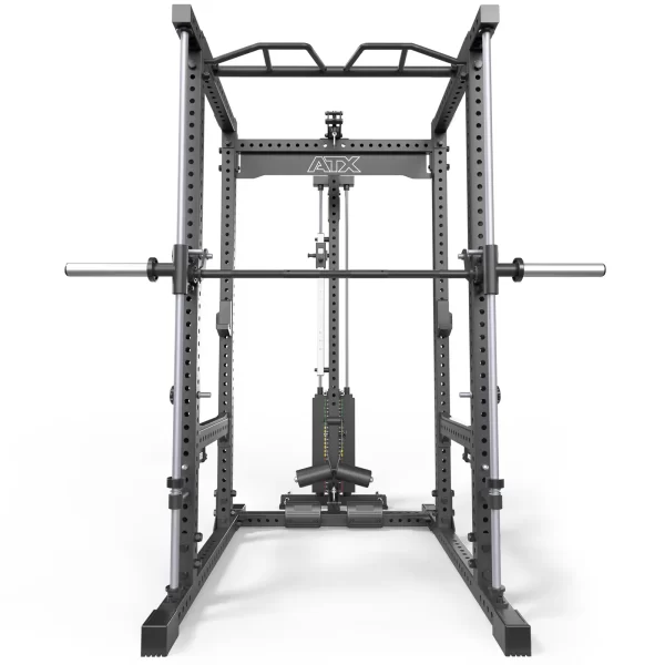 The ATX® Power Cage with Smith & Lat Pulldown features a front view showcasing a securely mounted barbell on the Smith machine track, multiple holes for adjustable accessories, a central weight stack with fly attachment, gym equipment handles at the top, and an added Lat Pulldown system for versatility.