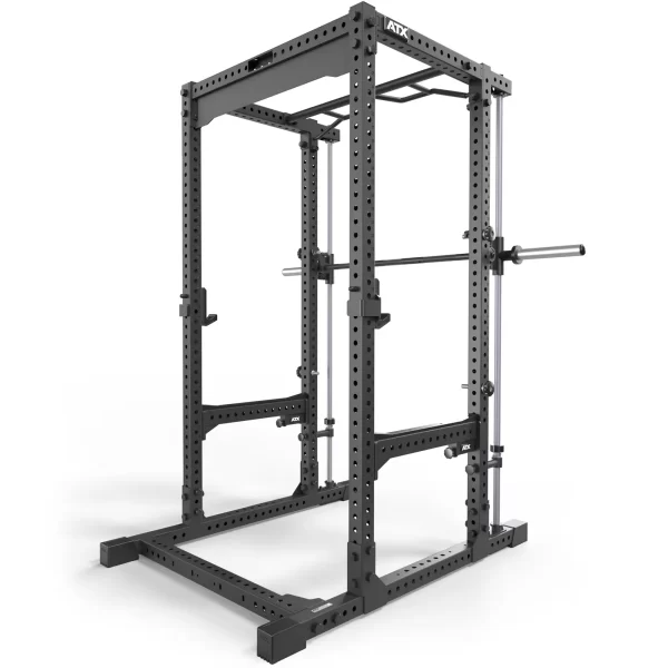 The ATX® Power Rack with Smith Machine is a black, metal power rack featuring multiple adjustable holes, safety bars, side horizontal bar holders, and a top pull-up bar. Its sturdy design makes it ideal for weightlifting and gym use.