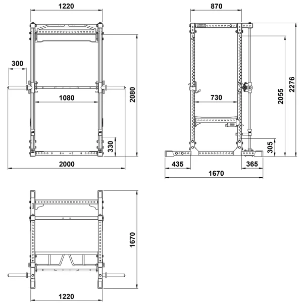 The technical drawing of the ATX® Power Rack with Smith Machine includes front, side, and top views. Dimensions are in millimeters: height 2276 mm, width 1220 mm, and depth 1670 mm. It features adjustable parts and structural components.