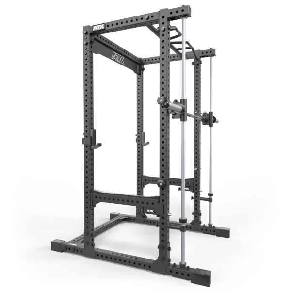 The ATX® Power Rack with Smith Machine is a durable metal rack for home or gym use. It features adjustable safety bars, multiple attachment holes, a pull-up bar, and a built-in Smith machine with a guided barbell for weightlifting exercises.