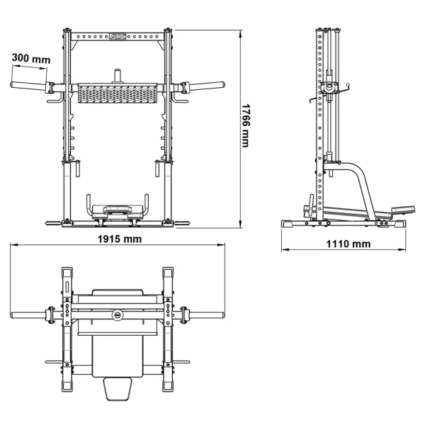 Technical diagram of a squat rack with measurements. The front view shows it is 1766mm tall and 1915mm wide. The side view is 1110mm deep. The diagram includes adjustable barbell holders and safety bars, with additional equipment attachments.