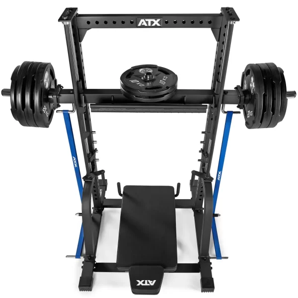 A weight bench with a loaded barbell on a squat rack. The setup includes multiple weight plates on each side and has a sturdy black frame with blue supports.