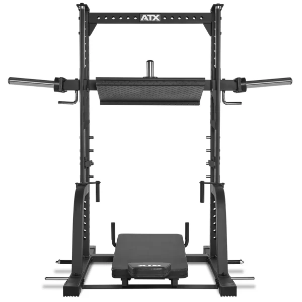 A black, sturdy squat and bench rack with adjustable safety bars and a padded bench. It features multiple height settings and barbell supports, suitable for weightlifting or strength training at home or in the gym.