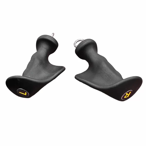 A pair of black Spud Inc Gorilla Fingers archery tabs with ergonomic grips, marked L and R in yellow and equipped with metal rings for attachment.