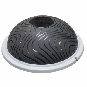 The Power Maxx Bosu Ball features a black dome-shaped balance trainer with a wavy texture on top, set on a circular white base, ideal for enhancing core strength and balance.