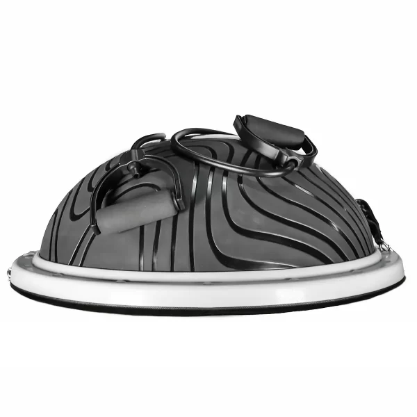 The Power Maxx Bosu Ball is a black half-ball balance trainer featuring a swirling, textured surface. It comes with a solid base and includes resistance bands with handles attached to the sides for enhanced functionality.