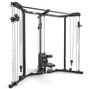 A black and silver cable crossover machine with adjustable pulleys and weight stack, designed for strength training. The frame displays multiple attachment points for various exercises.