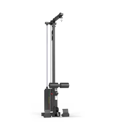 Side view of ATX-LTO-510-SW plate-loaded lat pulldown, highlighting weight carriage and pulley system for versatile workouts