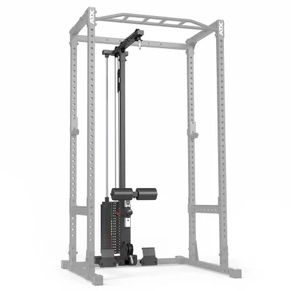 ATX-LTO-510-SW lat pulldown attachment installed on a power rack, ideal for low-ceiling home gyms