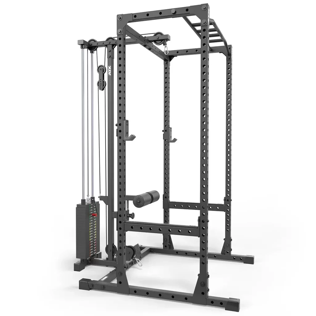 Side view of ATX PRX-520-LTO-SW compact power rack, 215cm tall with lat pulldown, ideal for small home gym spaces