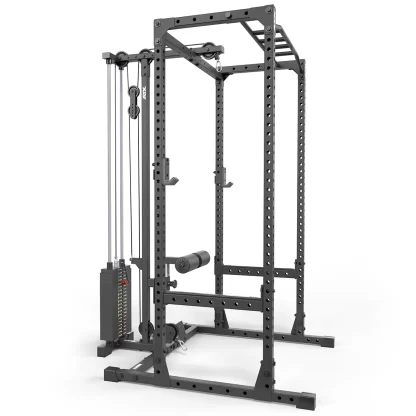 Side view of ATX PRX-520-LTO-SW compact power rack, 215cm tall with lat pulldown, ideal for small home gym spaces