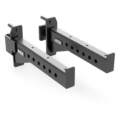 Pair of 60x60 spotter arms for power racks, designed for 60mm x 60mm uprights, with nylon lining for barbell protection