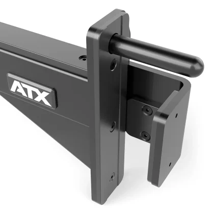 Close-up of mounting bracket on 60x60 spotter arms, designed for secure attachment to 60mm x 60mm power rack uprights