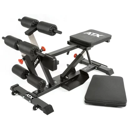 ATX Torso Trainer multifunctional abdominal and back trainer in black, set up for Roman chair hyperextension exercises."