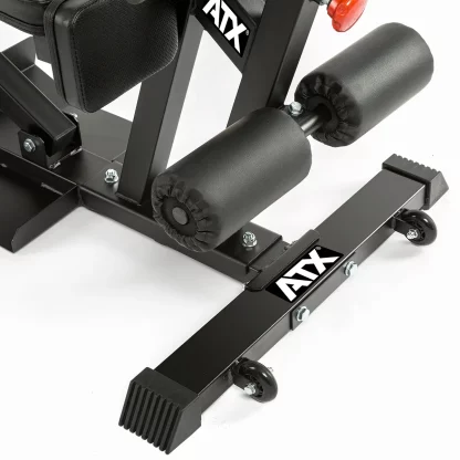 Close-up of ATX Torso Trainer wheels on sturdy base, designed for easy mobility in gym or home settings