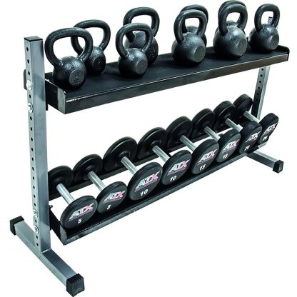 The Kettlebell and Dumbbell 300cm Rack features a two-tier design, holding five black kettlebells on the top shelf and six black and silver dumbbells on the bottom, organized by size and weight.