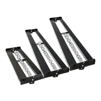 Three Kettlebell and Dumbbell 300cm Racks are labeled BBR-300-B-90, BBR-300-B-120, and BBR-300-B-150. They feature long perforated strips and are arranged in ascending order of size from left to right.