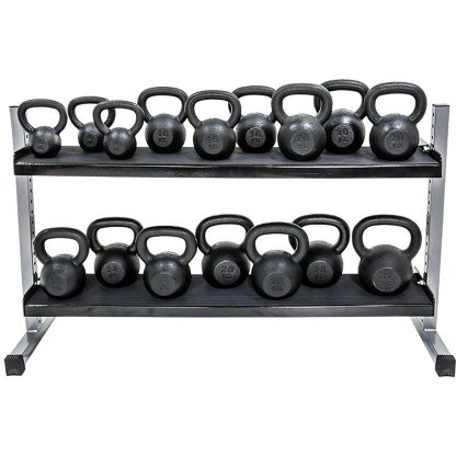 A silver metal rack with black shelves, named Kettlebell and Dumbbell 300cm Rack, neatly holds black kettlebells of varying weights labeled in pounds and kilograms on two organized levels.