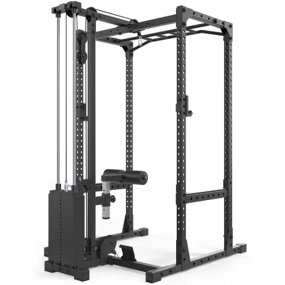 Side view of ATX PRX-510-LTO-SW compact power cage with plate-loaded lat pulldown, ideal for home gyms with low ceilings