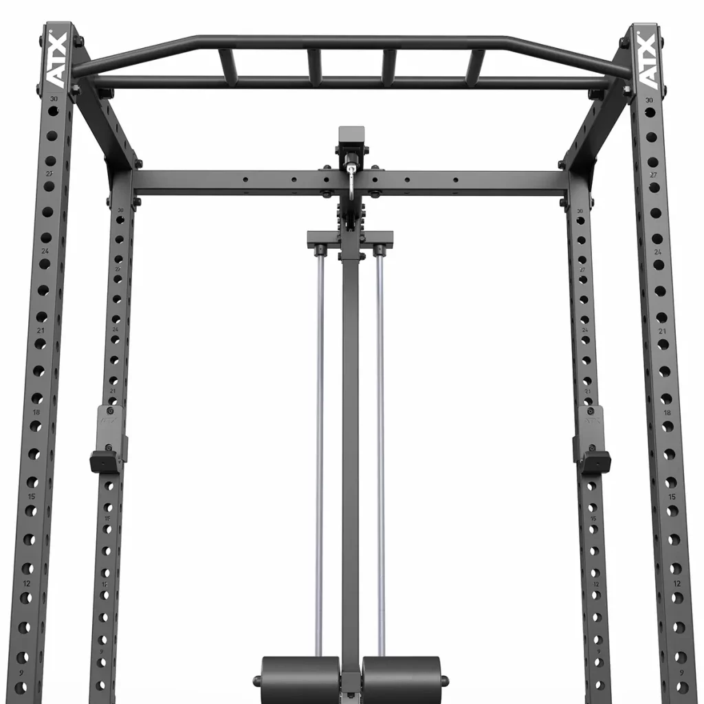 Close-up of ATX PRX-510-LTO-SW plate-loaded lat pulldown with high and low pulley system for versatile upper body exercises