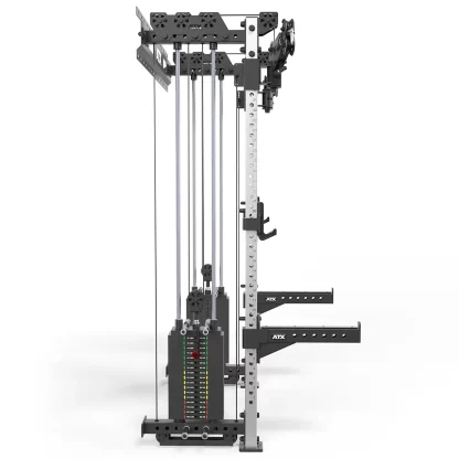 Side view of ATX-WCR-600 wall-mounted cable rack, showcasing compact design for space-saving home gym and studio setups