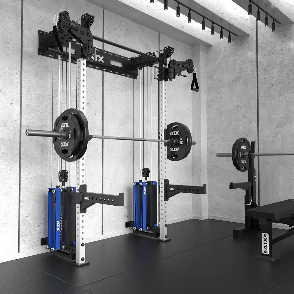 ATX-WCR-600 wall-mounted cable half rack in a corner gym setup, offering cable crossover and squat rack functionality for professional training