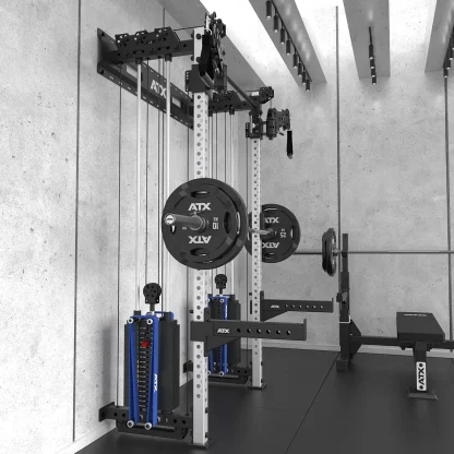 ATX-WCR-600 half rack with optional dip bars and weight plate storage pegs, enhancing functionality for professional strength training