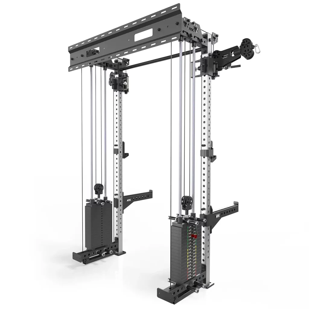 ATX-WCR-600 dual adjustable cable pulleys with 90kg weight stacks, featuring 5cm height adjustments for versatile workouts