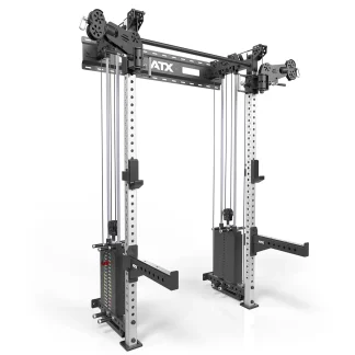 ATX-WCR-600 wall-mounted cable half rack with dual 90kg weight stacks, J-hooks, and spotter arms for compact home and commercial gyms