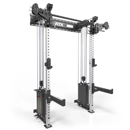 ATX-WCR-600 wall-mounted cable half rack with dual 90kg weight stacks, J-hooks, and spotter arms for compact home and commercial gyms