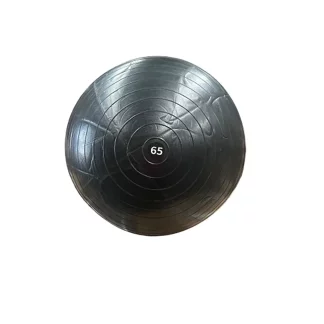 65cm Swiss ball in action, a black stability ball used for crunches and balance exercises during a home workout session for core strength.