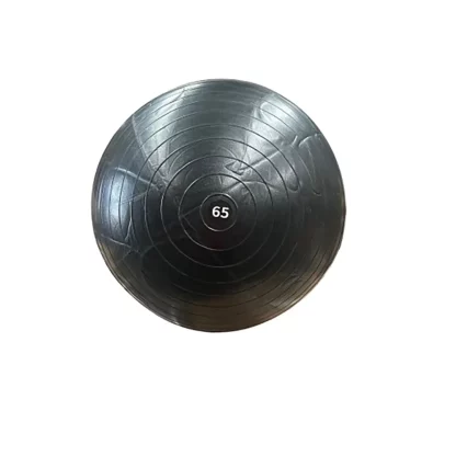 65cm Swiss ball in action, a black stability ball used for crunches and balance exercises during a home workout session for core strength.