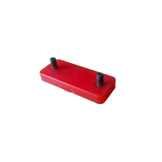 Replacement rubber stop for Star Trac fitness machines, shown with dimensions 9.2 cm wide, 3.8 cm tall, and 6.7 cm between screw holes.