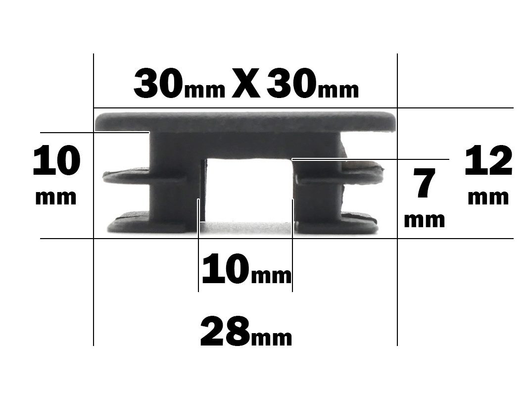 The 30mm x 30mm End Cap is black, with outer dimensions of 30x30mm, an inner space of 28x10mm, gaps of 10mm, an overall height of 12mm, and a thickness of 7mm. All measurements are in millimeters.