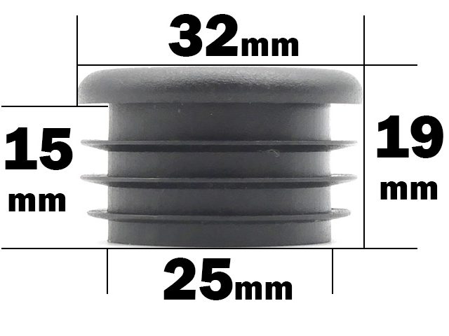 The 32mm Diameter Cap is a cylindrical object with a main diameter of 32mm and height of 19mm. A section steps down to a diameter of 25mm and height of 15mm, suggesting a stepped design. It appears gray against a white background.