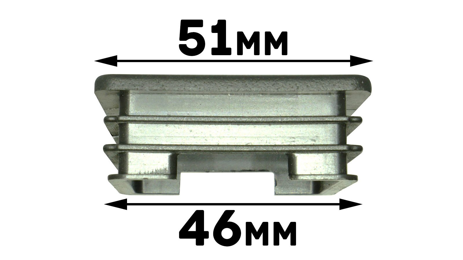 A close-up of a metallic rectangular object with ribbed sides shows dimensions: 51mm at the top and 46mm at the bottom, suggesting a tapered design. Identified as a 50mm x 50mm End Cap.