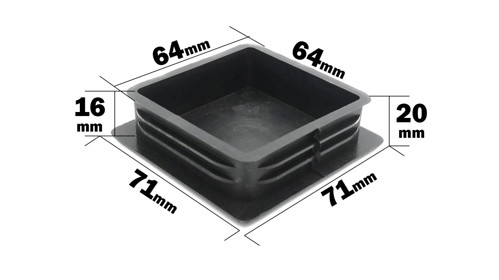 A square black plastic cap with ribbed sides, labeled as a 70mm x 70mm End Cap. Dimensions: 64mm x 64mm top, 71mm x 71mm including the outer edge, with an inner height of 16mm and a total height of 20mm.