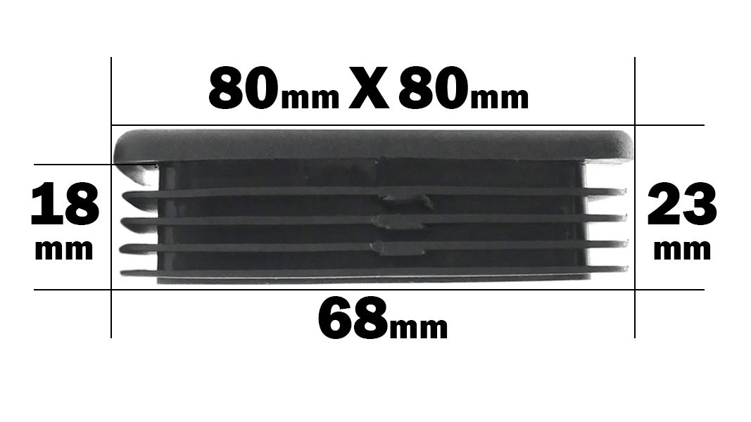 The diagram shows the 80mm x 80mm End Cap with the top measuring 80mm x 80mm, a height of 23mm, and an internal segment that is 68mm wide and 18mm high.