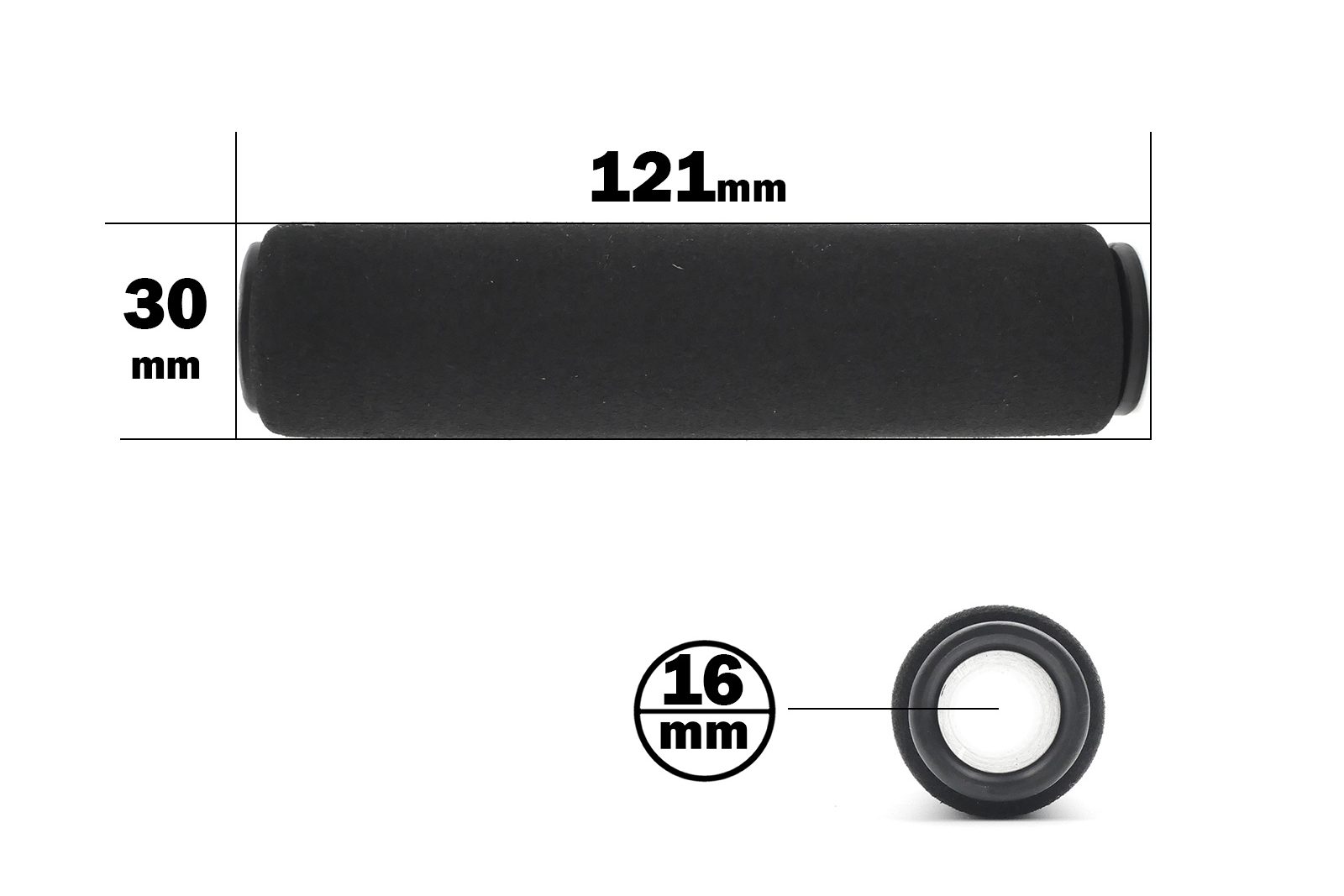 The Foam Grip 30mm OD x 120mm is a black cylindrical tool, 121 mm long with a diameter of 30 mm and a central bore measuring 16 mm, shown from the side and front.