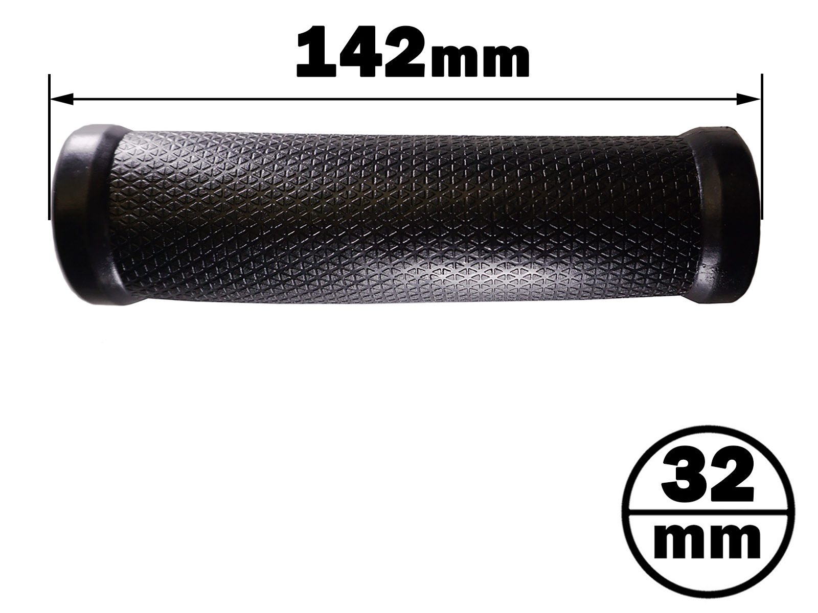 A Handle Grip 32 mm x 142 mm in black with a textured finish is shown on a white background, featuring measurements of 142mm length and 32mm diameter.