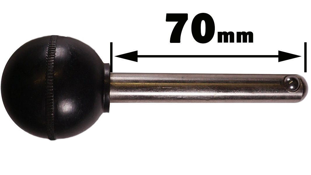 A Locking Pin 70mm D10mm is depicted as a metal lever with a black round knob, measuring 70 mm in length and 10 mm in diameter, as indicated on a circular label in the bottom right corner of the image.
