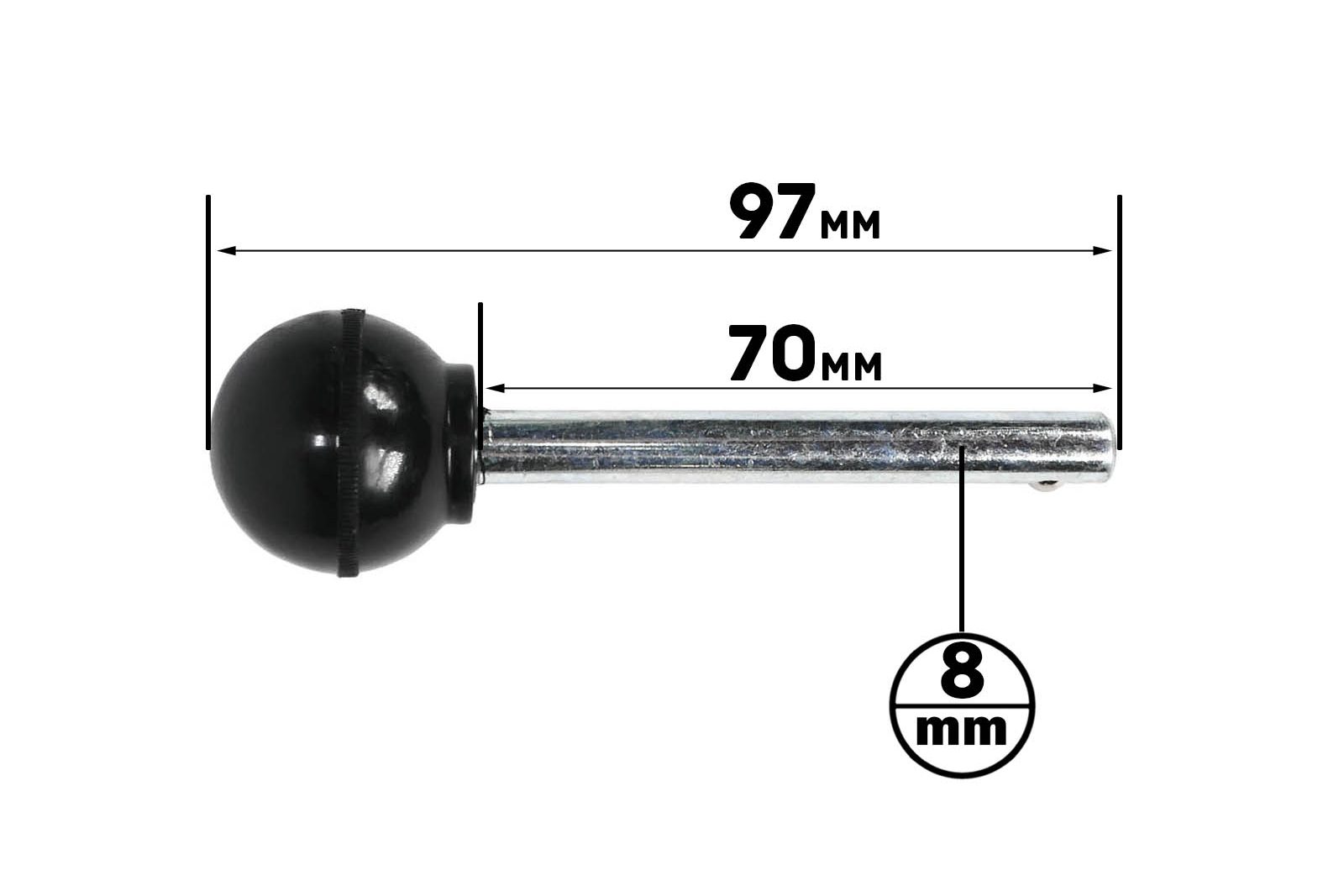 The Locking Pin 70mm D8mm is a metal rod with a black spherical knob, measuring 97mm in total length. The section leading to the knob is 70mm long, with an 8mm diameter and measurements marked in black text.